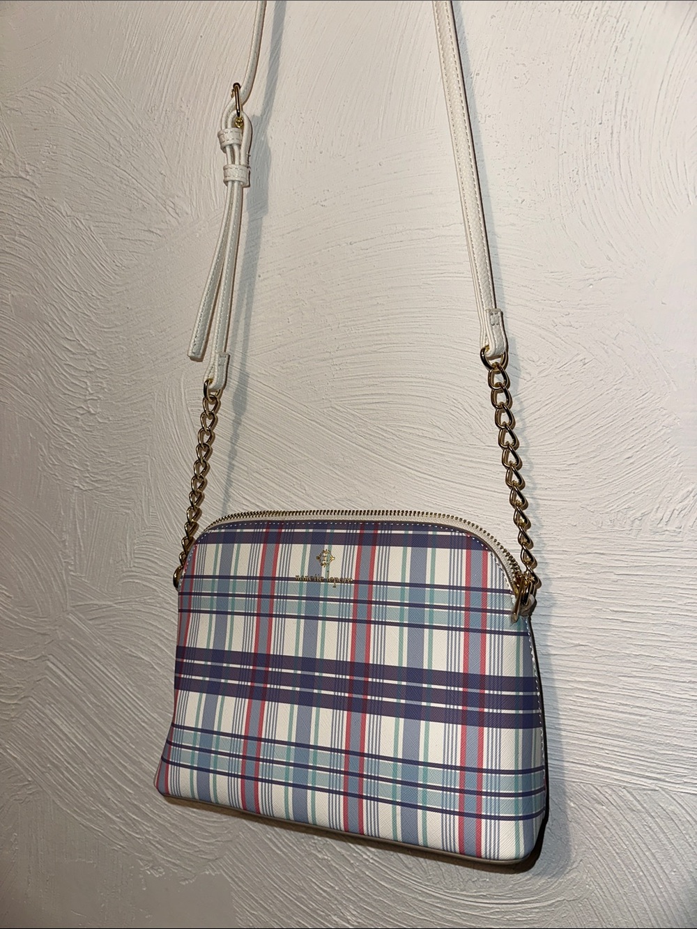 Nanette Lepore White Plaid Crossbody with Navy and Red Stripes